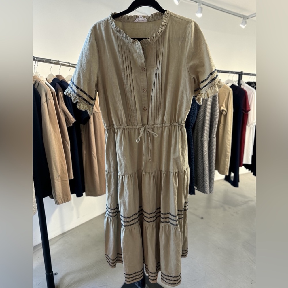 Tiered Midi Dress with Drawstring Waist - Beige